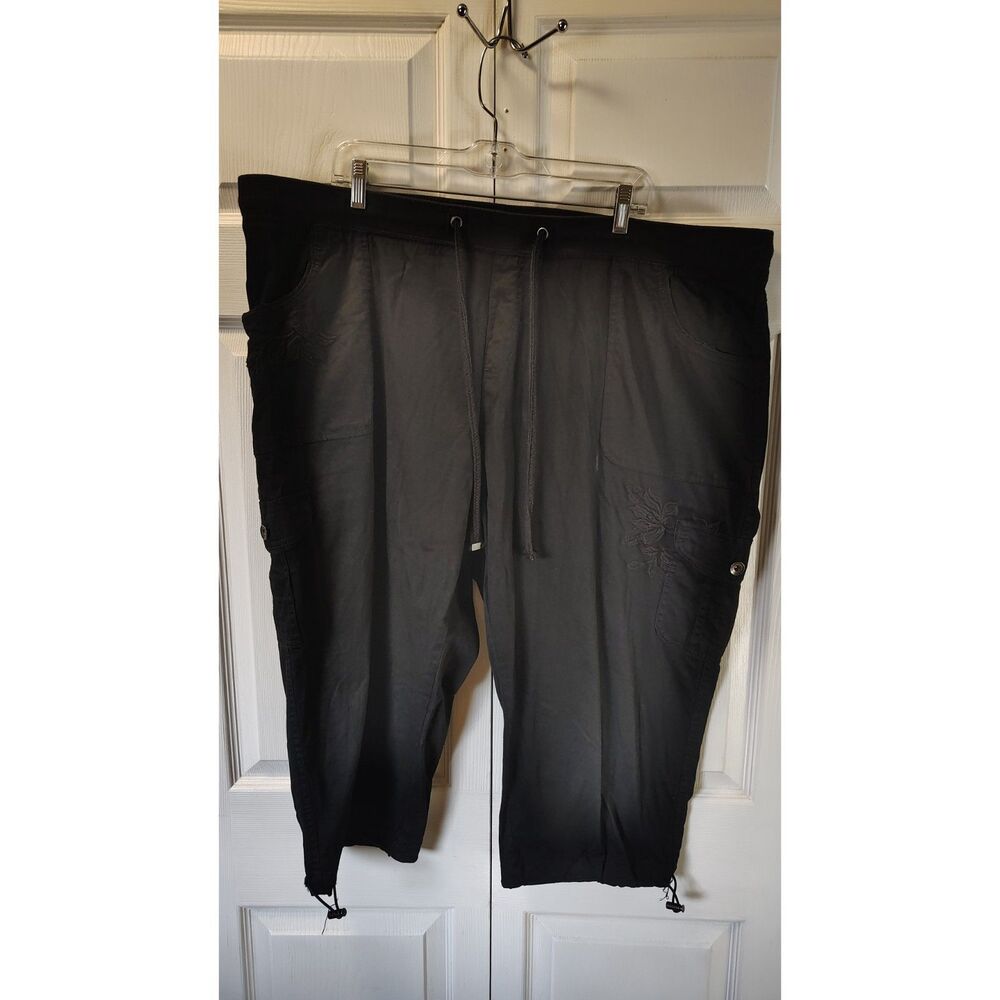 Terra & Sky Black Cargo Capri Pants Plus Size 2X Drawstring Cropped Utility